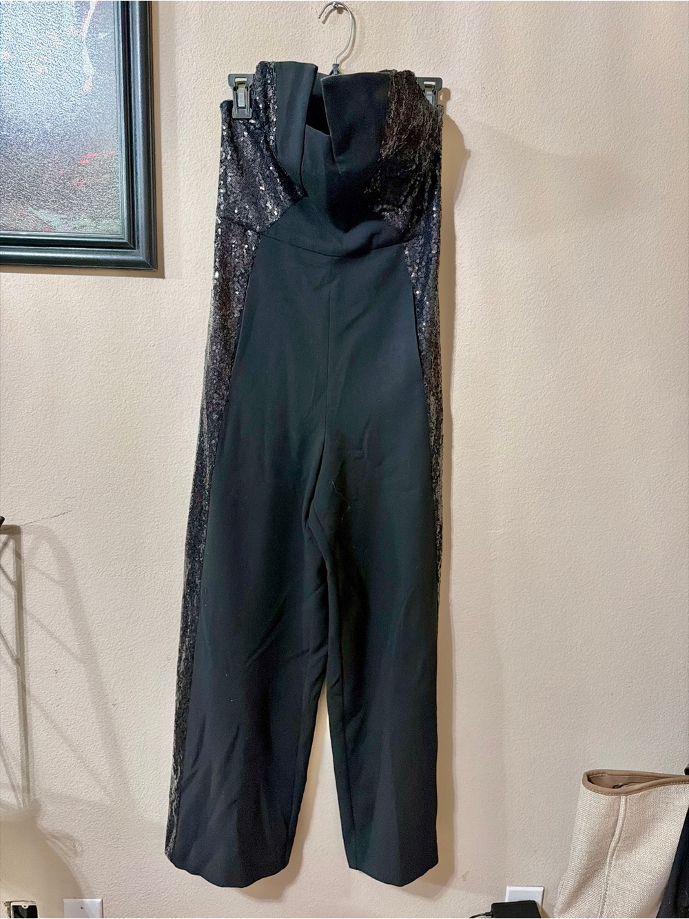 Black Sequin Side-Panel Strapless Jumpsuit